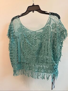 Boho Crochet Fringe Crop Top in Teal
